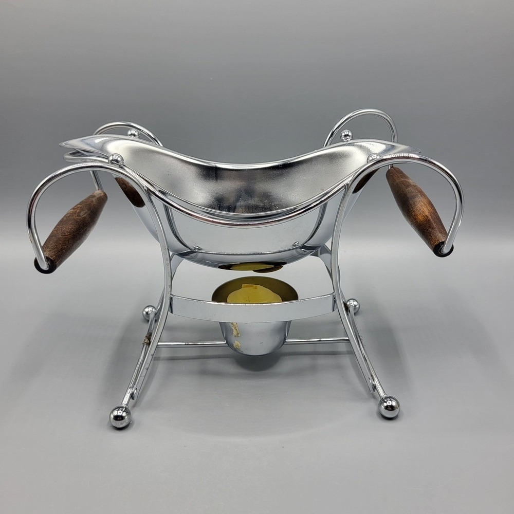 Vintage Shelton Ware MCM Gravy Boat Warming Stand Wood Handles Chrome MCM Silver